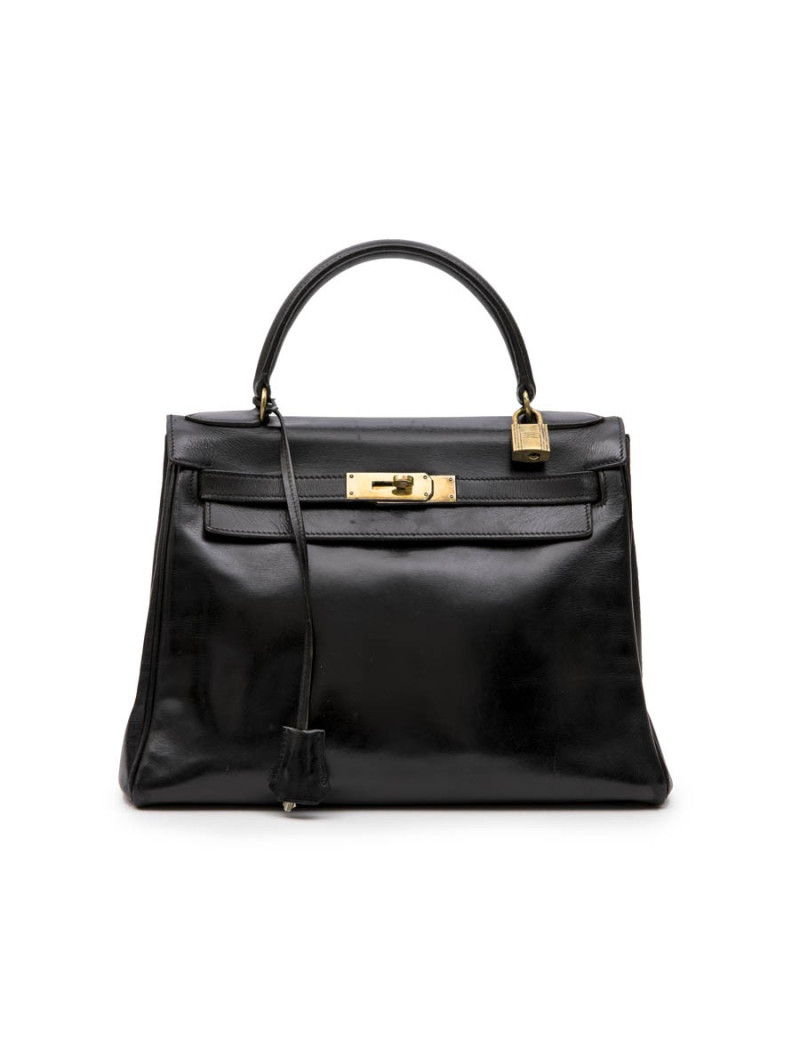 Sac Kelly 28 HERMES cuir box noir vintage 