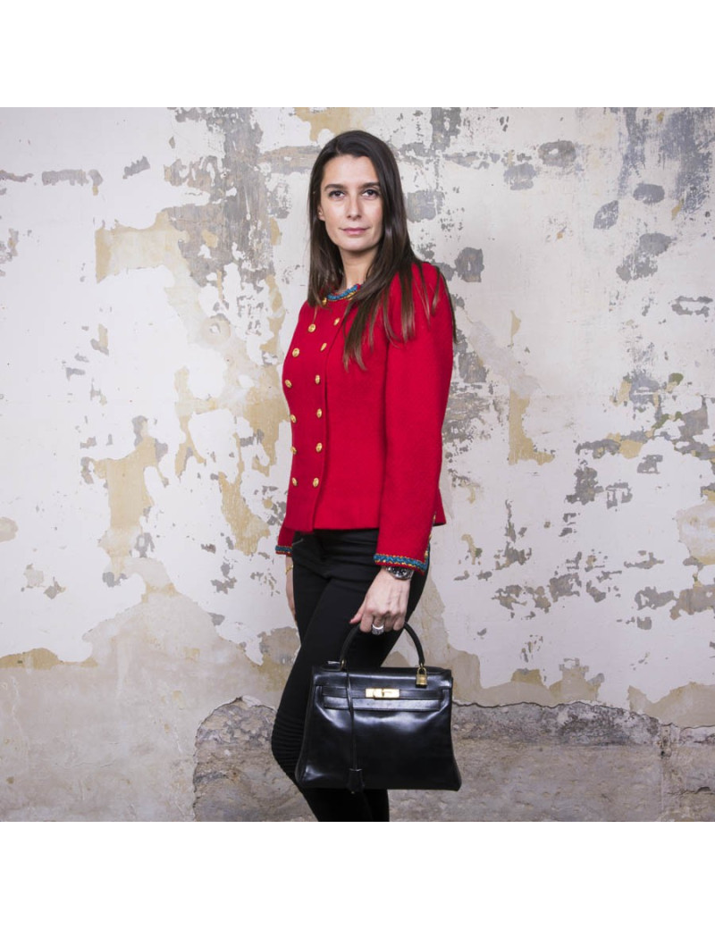 Sac Kelly 28 HERMES cuir box noir vintage 