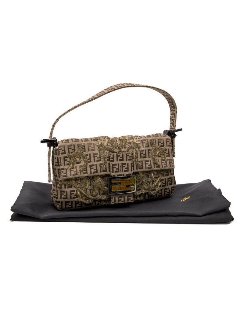 FENDI baguette bag in brown monogram canvas and gold threads embroidery