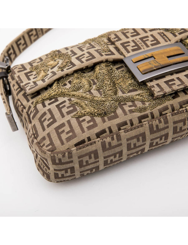 FENDI baguette bag in brown monogram canvas and gold threads embroidery