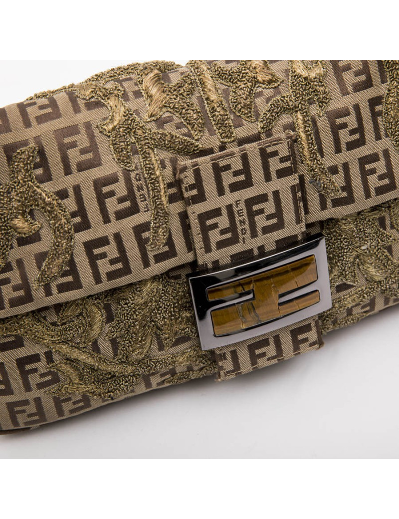 FENDI baguette bag in brown monogram canvas and gold threads embroidery