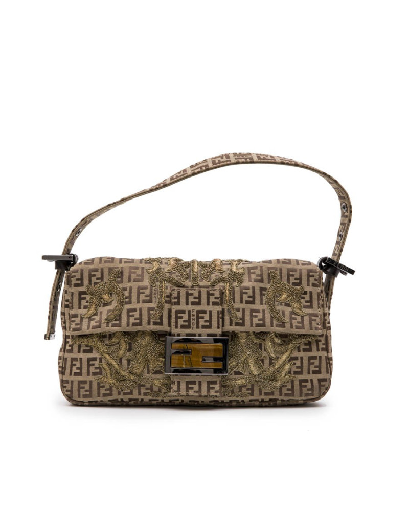 FENDI baguette bag in brown monogram canvas and gold threads embroidery