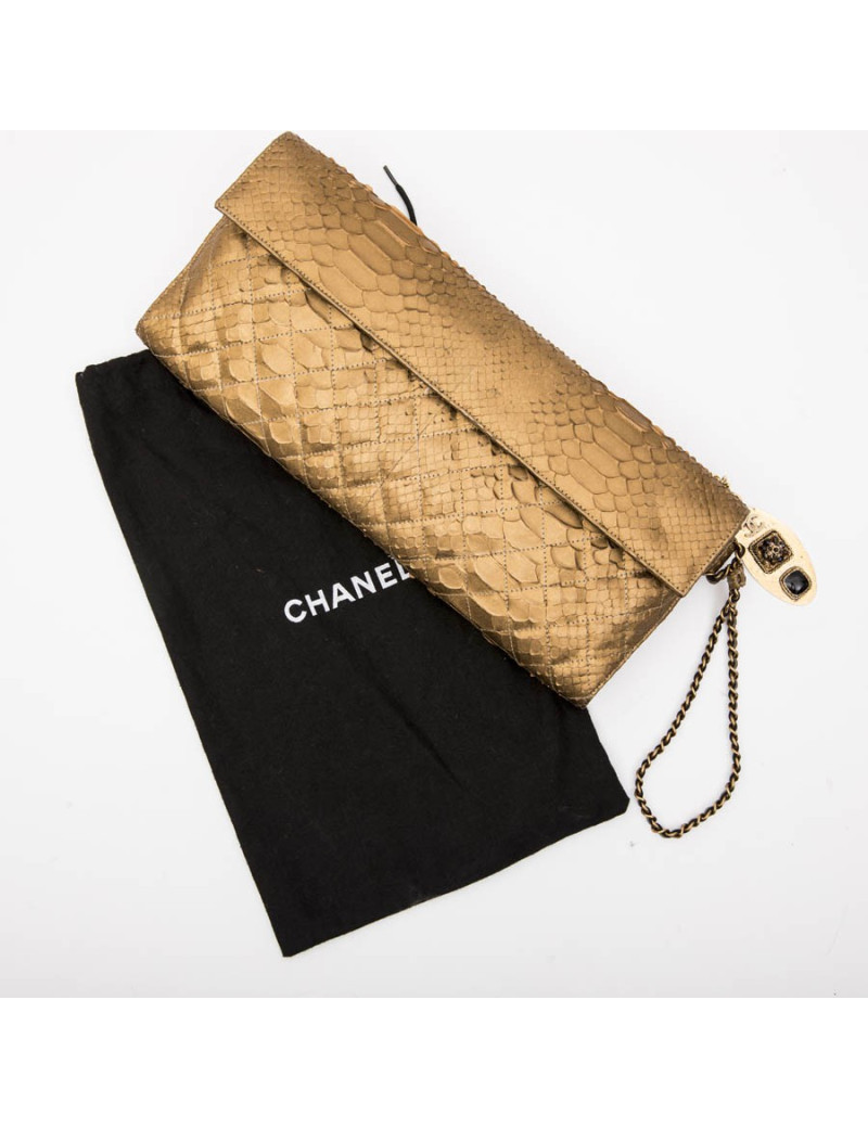 Long CHANEL pouch in matte copper gold python