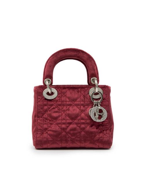 Mini sac Lady D  CHRISTIAN DIOR en velours de soie rouge cardinal