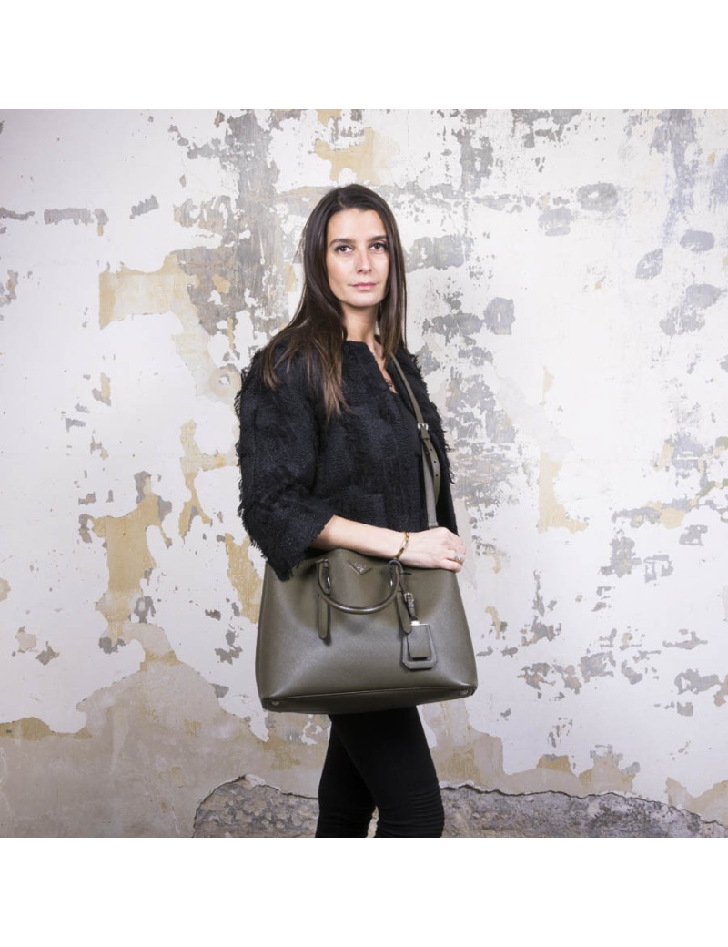 PRADA double bag in khaki green Saffiano leather