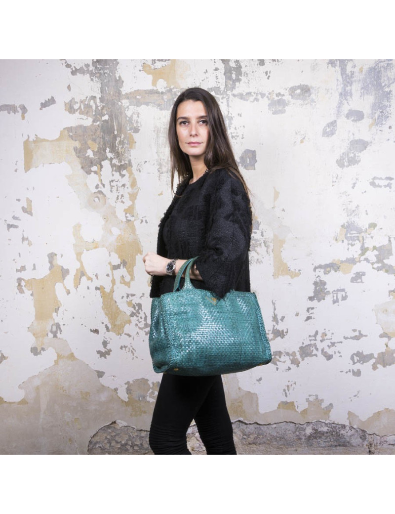 Sac PRADA en cuir tressé vert emeraude