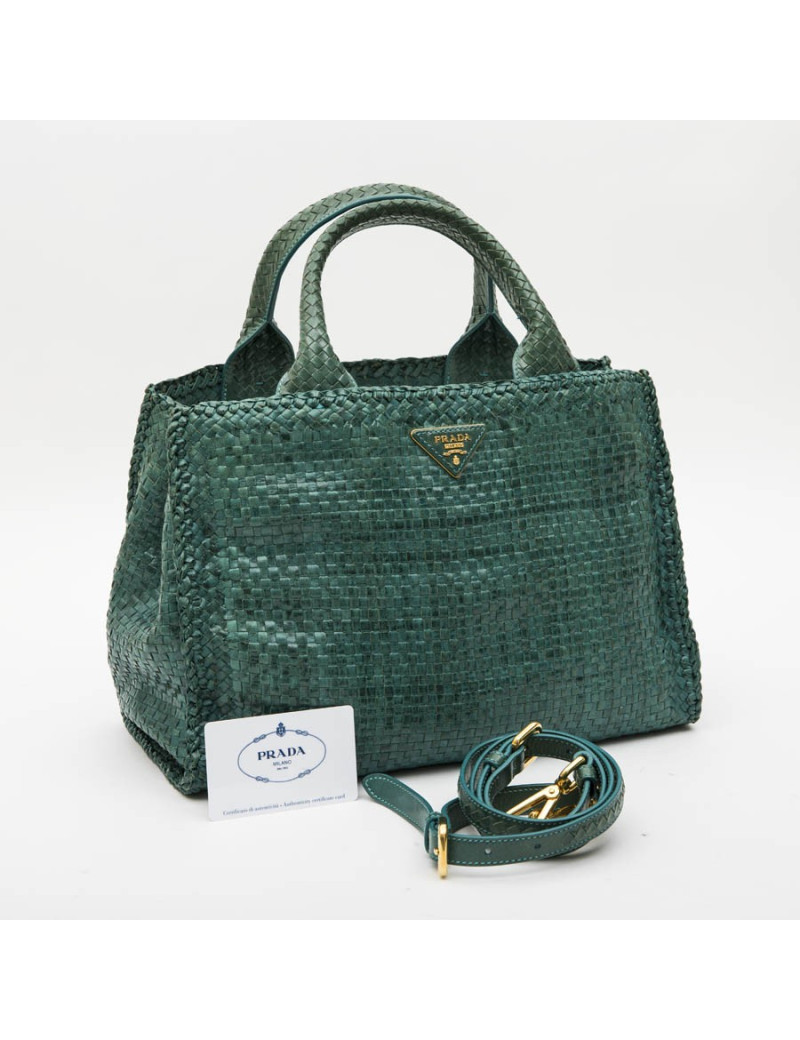 Prada 'Madras' shopping bag in peacock green braided leather