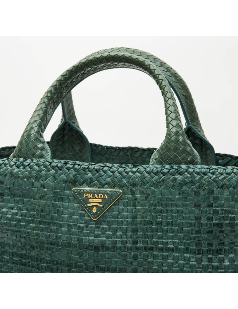 Prada 'Madras' shopping bag in peacock green braided leather