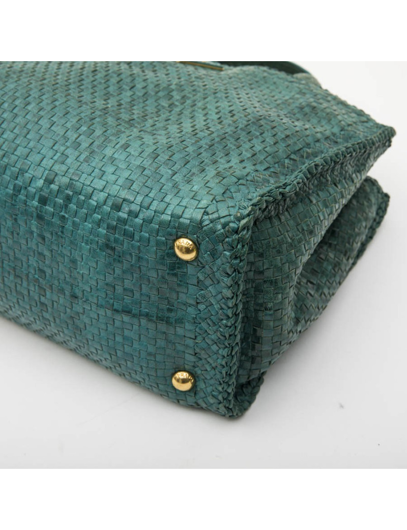 Prada 'Madras' shopping bag in peacock green braided leather