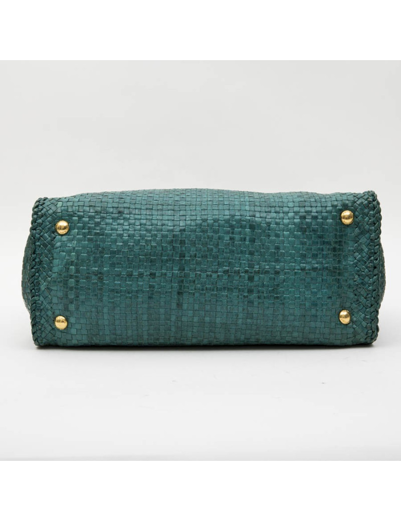Prada 'Madras' shopping bag in peacock green braided leather