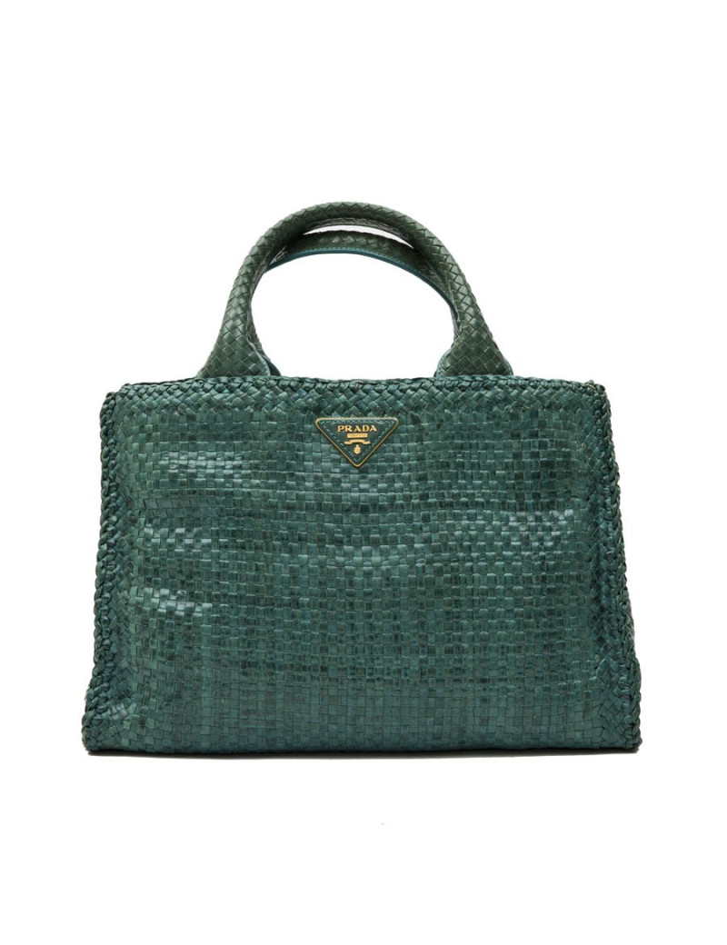Prada 'Madras' shopping bag in peacock green braided leather