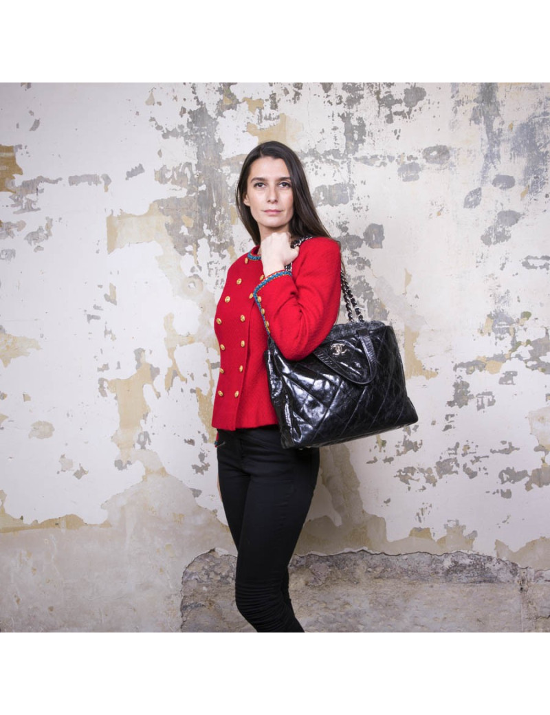 Sac CHANEL cuir vieilli noir et rabat en tweed gris