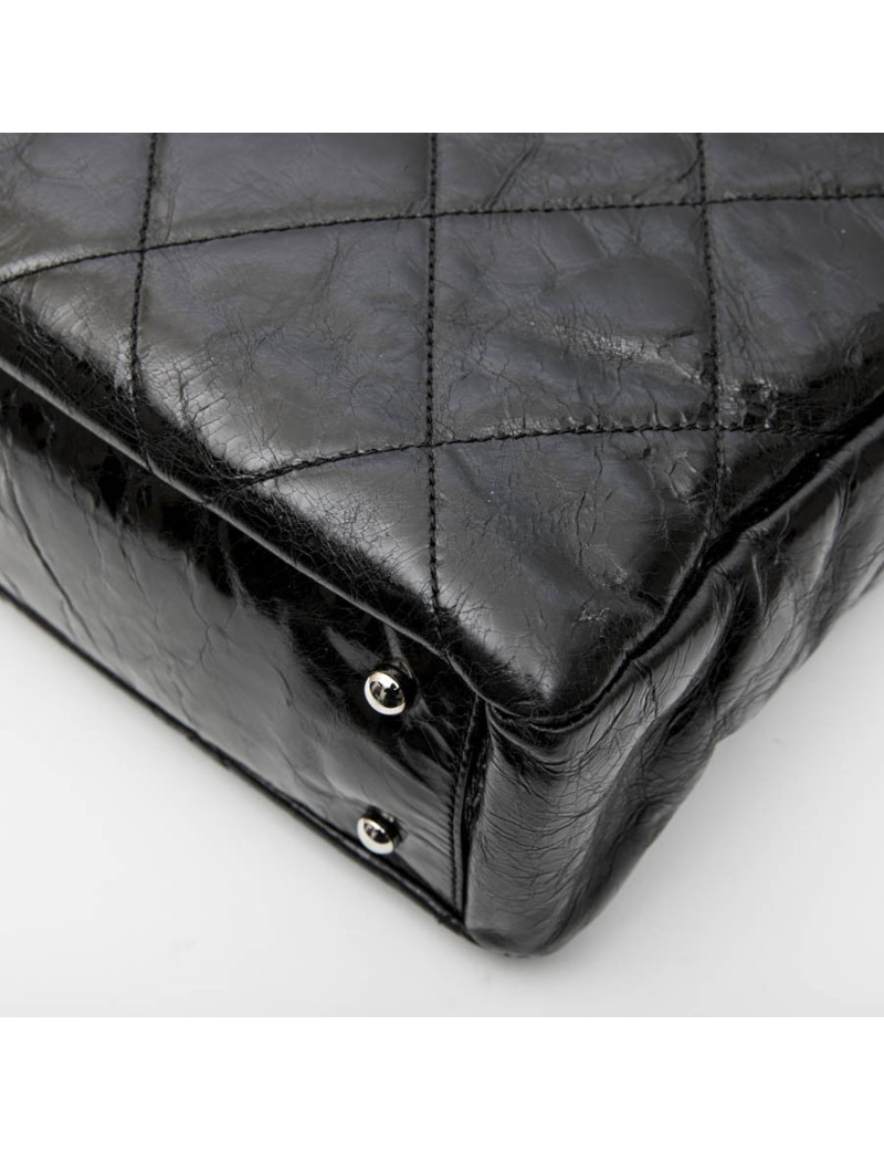 Sac CHANEL cuir vieilli noir et rabat en tweed gris