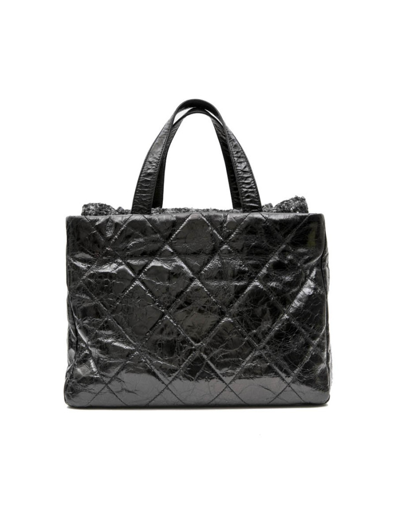 Sac CHANEL cuir vieilli noir et rabat en tweed gris
