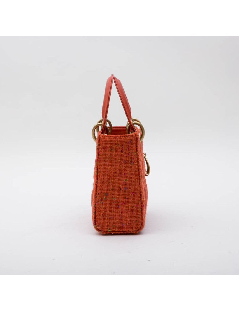 Mini sac Lady D  CHRISTIAN DIOR en tweed et cuir corail