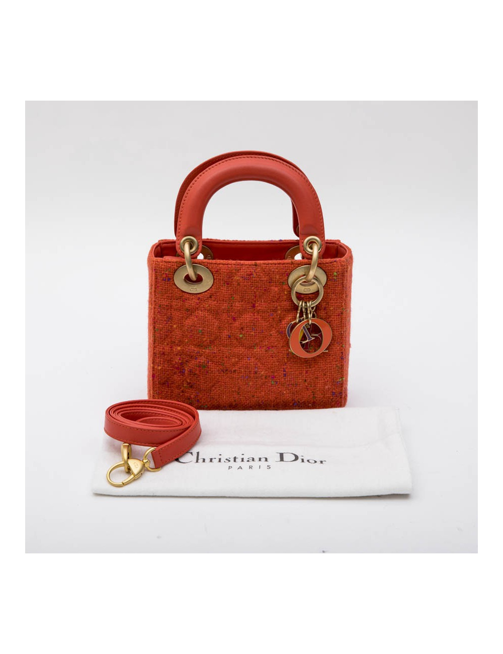 CHRISTIAN DIOR 'Lady Dior' Mini Bag in Coral Tweed and leather