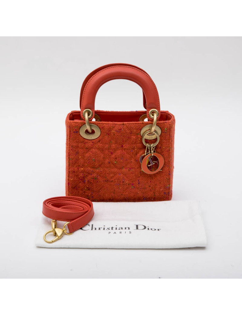 Mini sac Lady D  CHRISTIAN DIOR en tweed et cuir corail