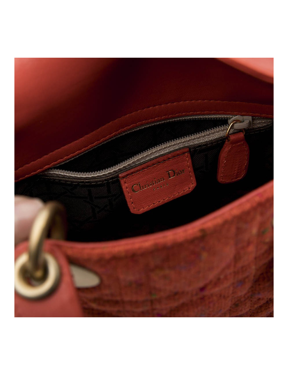 CHRISTIAN DIOR 'Lady Dior' Mini Bag in Coral Tweed and leather