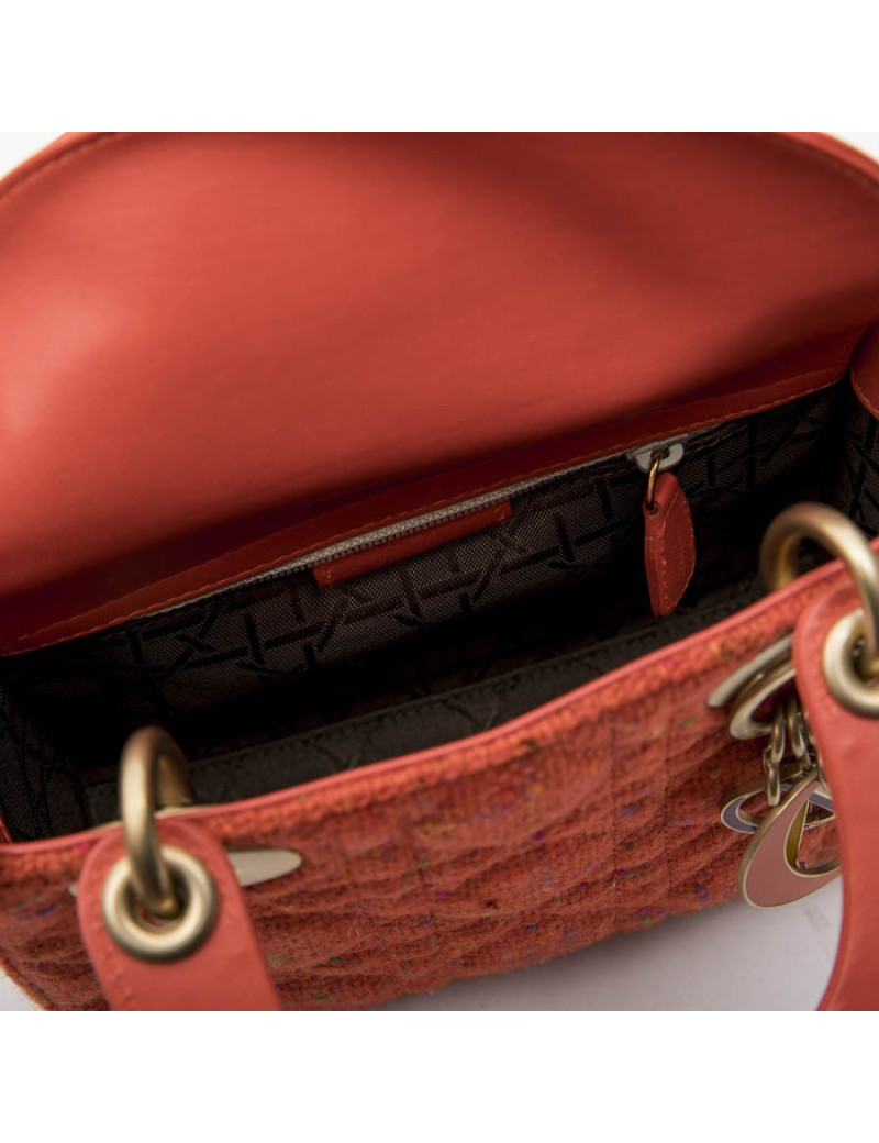 Mini sac Lady D  CHRISTIAN DIOR en tweed et cuir corail