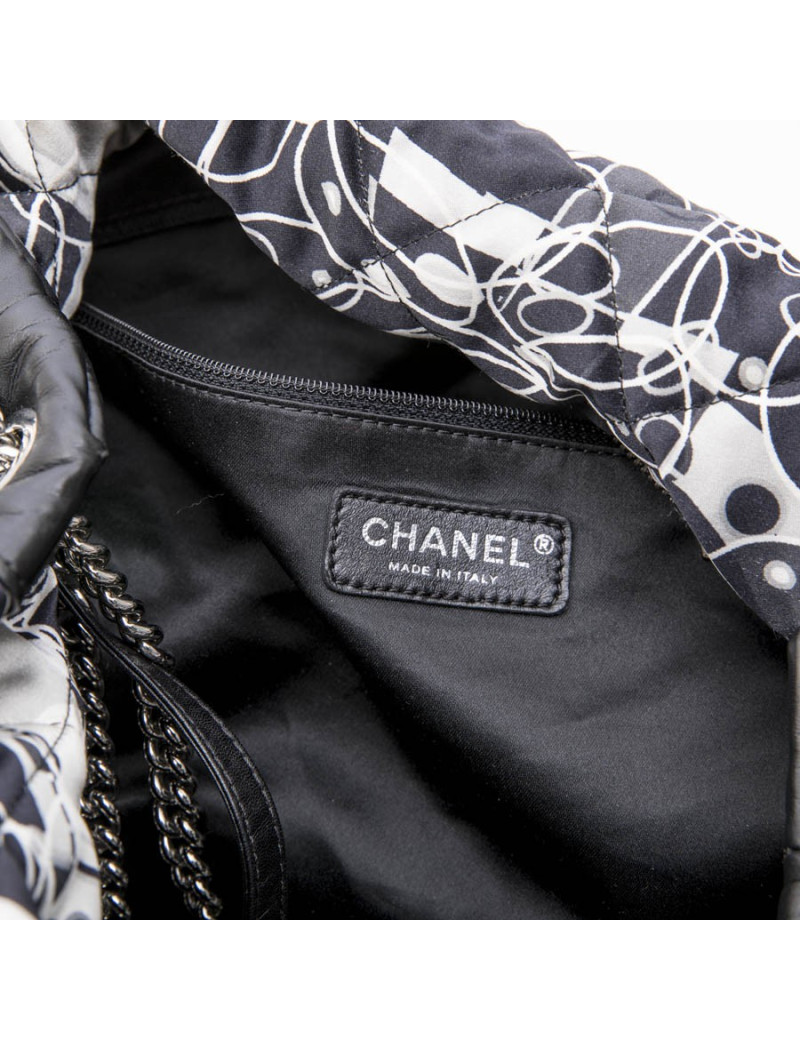 CHANEL tote bag in black, light gray and white silk scarf and black smooth lamb leather