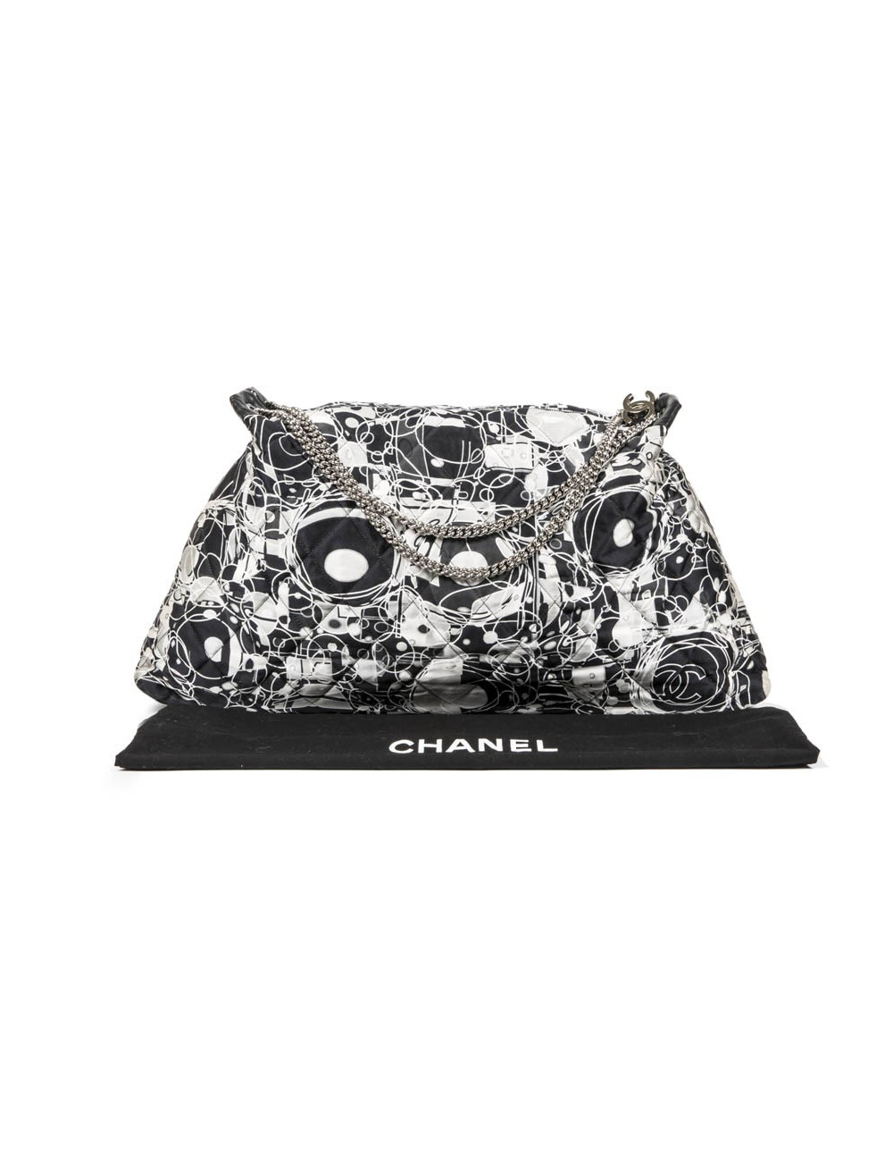 CHANEL tote bag in black, light gray and white silk scarf and black smooth lamb leather