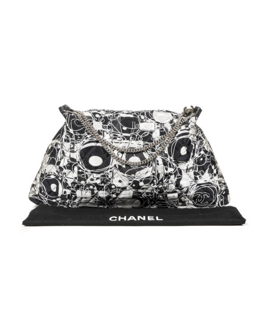 CHANEL tote bag in black, light gray and white silk scarf and black smooth lamb leather
