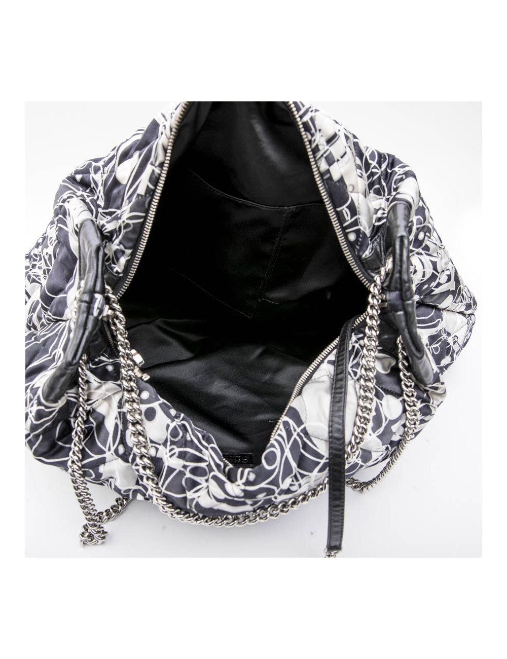 CHANEL tote bag in black, light gray and white silk scarf and black smooth lamb leather