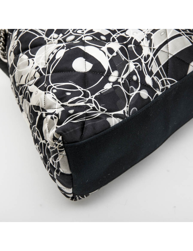 CHANEL tote bag in black, light gray and white silk scarf and black smooth lamb leather