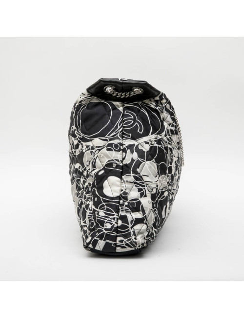 CHANEL tote bag in black, light gray and white silk scarf and black smooth lamb leather