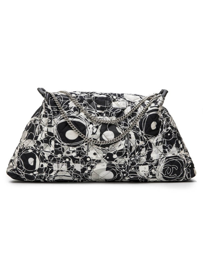 CHANEL tote bag in black, light gray and white silk scarf and black smooth lamb leather