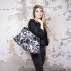 CHANEL tote bag in black, light gray and white silk scarf and black smooth lamb leather