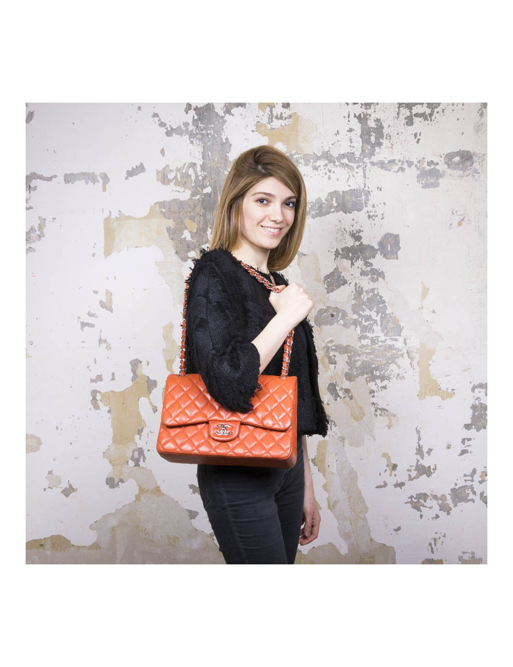 Sac CHANEL Jumbo en cuir d'agneau lisse matelassé corail