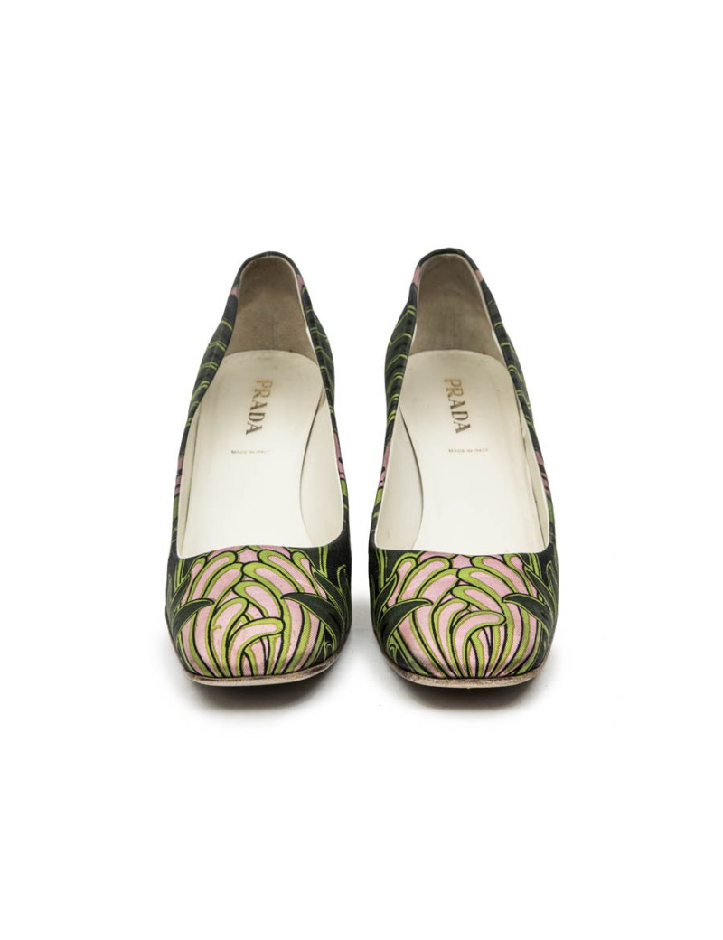 PRADA Pumps with Green and Pink Prints and Square Toe Size 38.5FR
