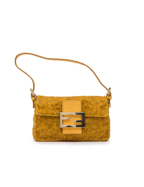 Mini sac baguette FENDI perlé ocre jaune