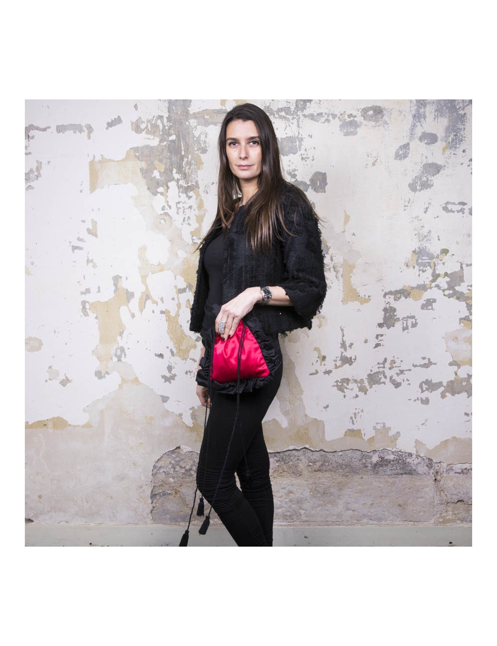 Minaudière YSL YVES SAINT LAUREN en satin duchesse  rouge et noir