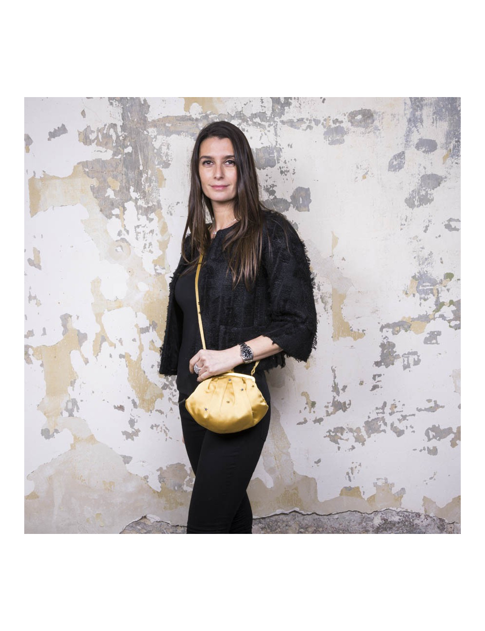 Mini sac du soir CHRISTIAN DIOR en satin duchesse ocre jaune