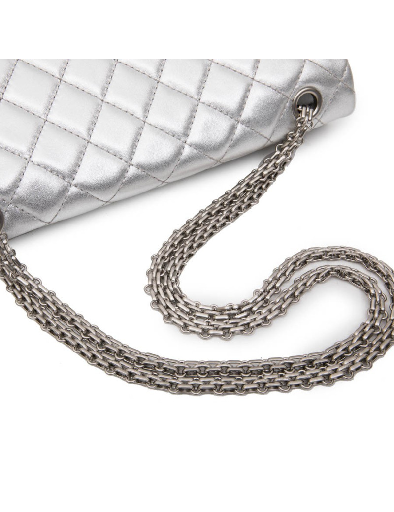 CHANEL 'Timeless' Double Flap Bag in Silver Quilted Leather