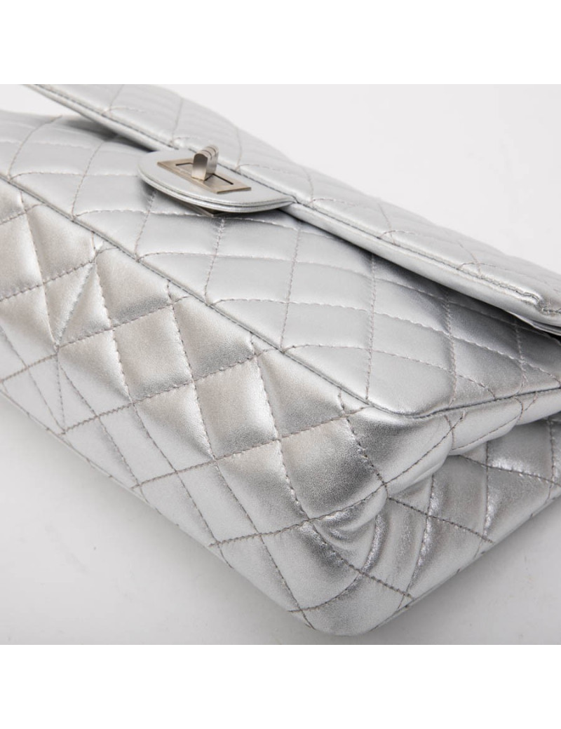 CHANEL 'Timeless' Double Flap Bag in Silver Quilted Leather