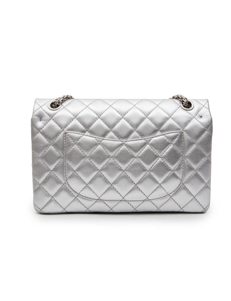 CHANEL 'Timeless' Double Flap Bag in Silver Quilted Leather