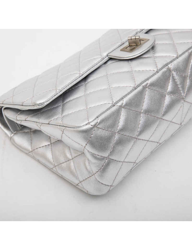 CHANEL 'Timeless' Double Flap Bag in Silver Quilted Leather