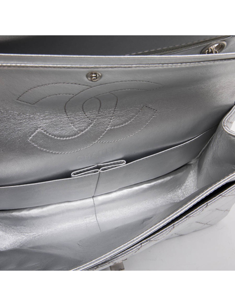 CHANEL 'Timeless' Double Flap Bag in Silver Quilted Leather