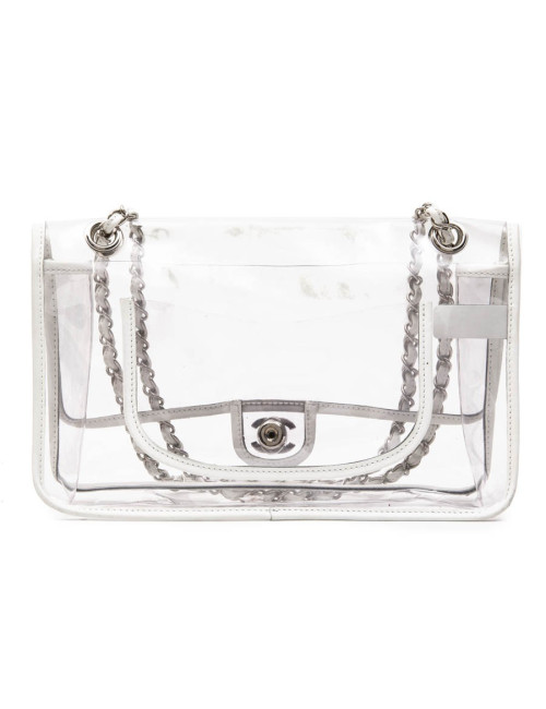 CHANEL Timeless bag in transparent plastic and piping in white lamb leather