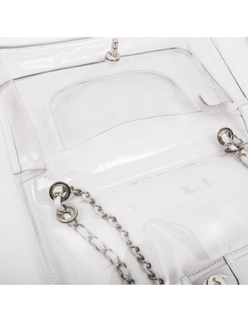 CHANEL Timeless bag in transparent plastic and piping in white lamb leather