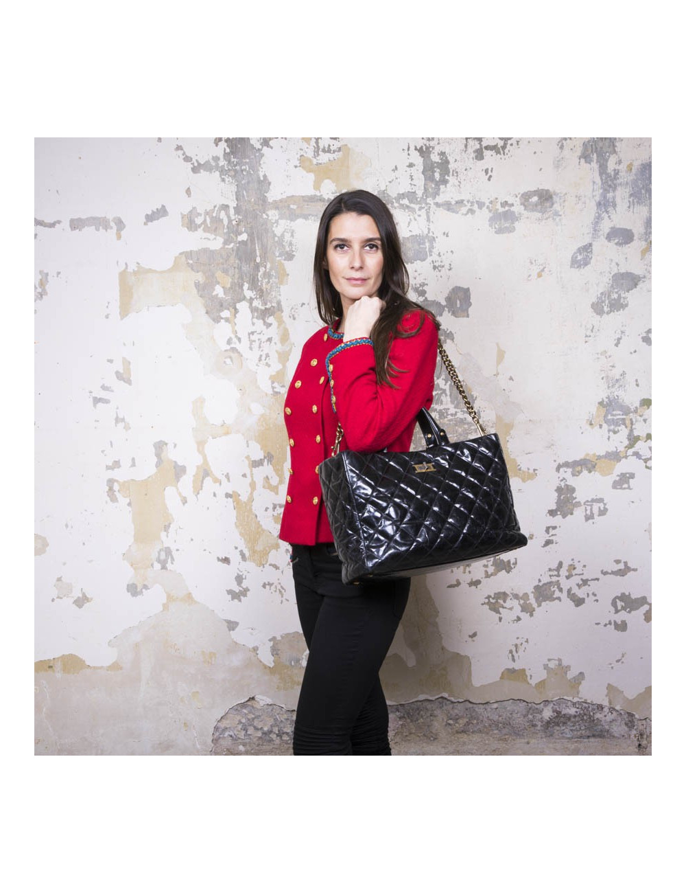 Sac cabas CHANEL cuir vieilli noir