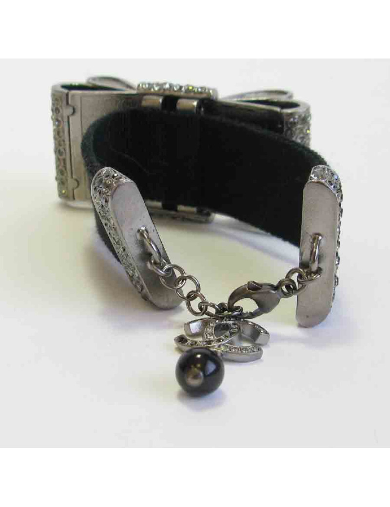 Bracelet CHANEL ruban strass en métal argenté et ruban gros grain noir