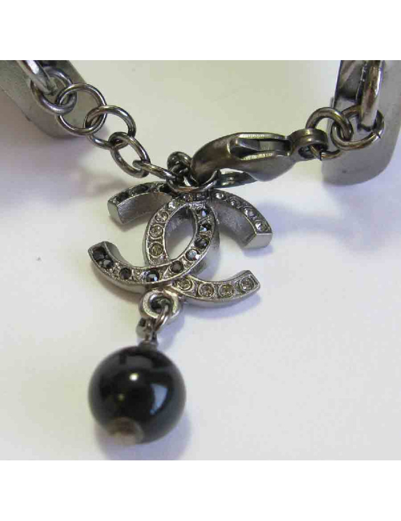 Bracelet CHANEL ruban strass en métal argenté et ruban gros grain noir