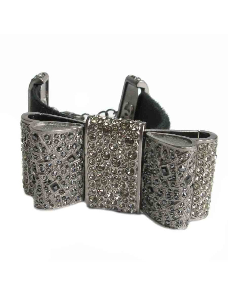 Bracelet CHANEL ruban strass en métal argenté et ruban gros grain noir