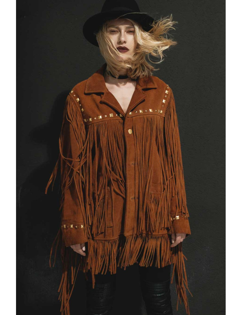 Veste Madame L Vintage à franges suede marron