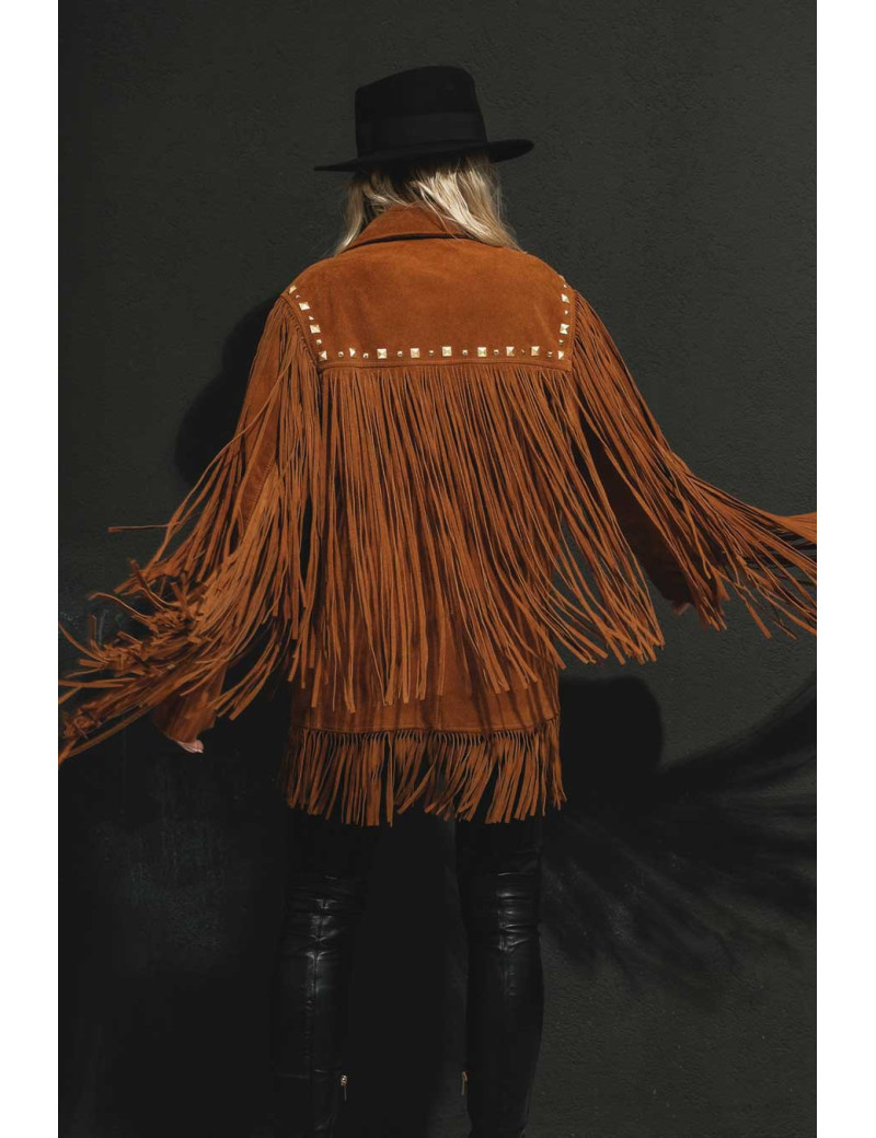 Veste Madame L Vintage à franges suede marron