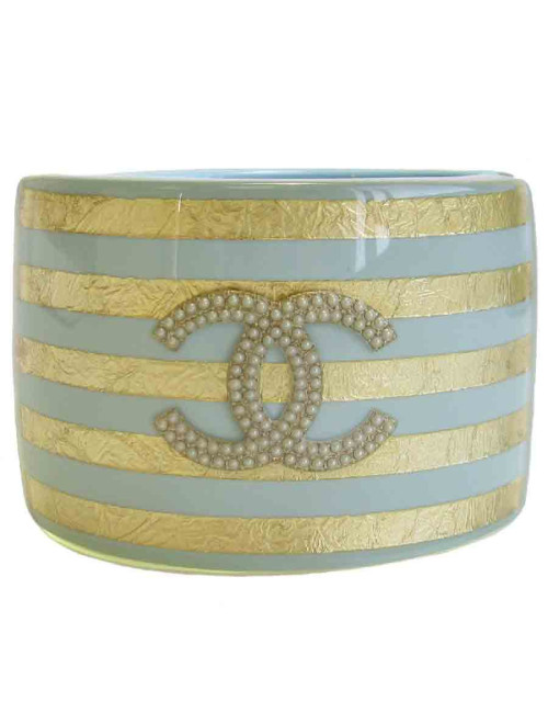 CHANEL cuff bracelet in skye blue resin and 5 stripes in gold leaf incrusted